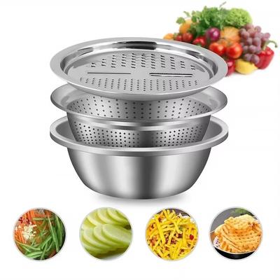 Stainless Steel Vegetable Washing Basin 3 In 1 Vegetable Cutter Colander  Kitchen