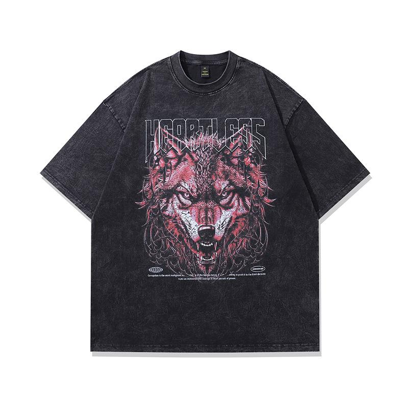 Trendy Brand Men'S T-Shirt High Street Retro Vintage Skull Printing Heavy Washing Cotton Short-Sleeved T-Shirt Men