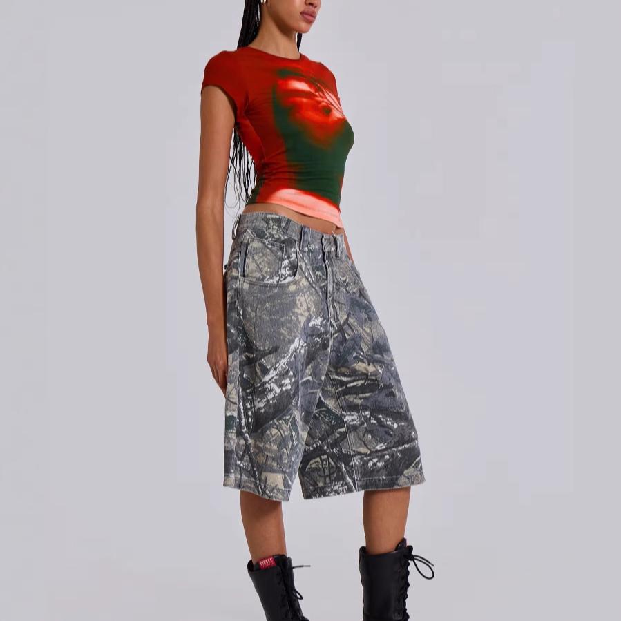Unisex Leaf Pocket Camouflage Denim Shorts Vintage Washed Pants for Men Women Summer Vintage Loose Straight Baggy Shorts