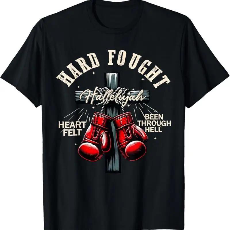 Hard Fought Hallelujah Boxing Gloves Christian Faith Graphic Tee Unisexs Cotton TShirt S