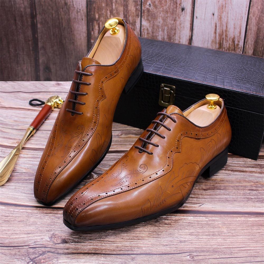 Leather Shoes Men's Leather, Pointed Men's Business Casual Shoes Brown Carved Oxford Shoes