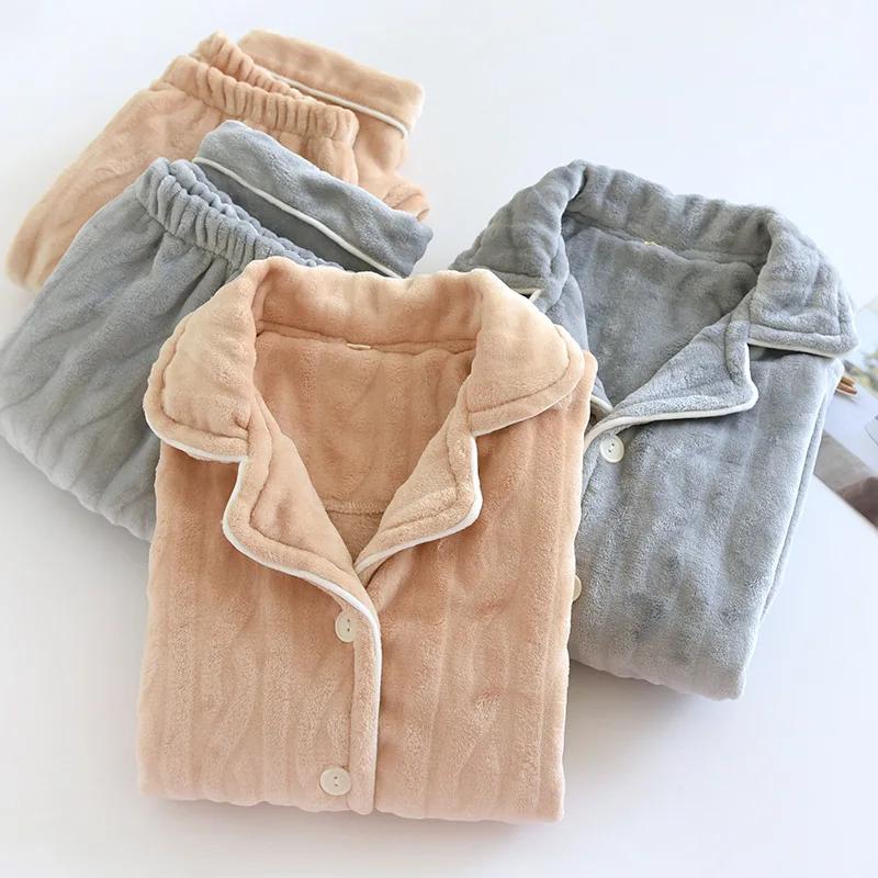 Neuer Winter Paar Nachtwäsche Set Herren und Damen Langarm Hose Zweiteilig Korallenplüsch Übergröße