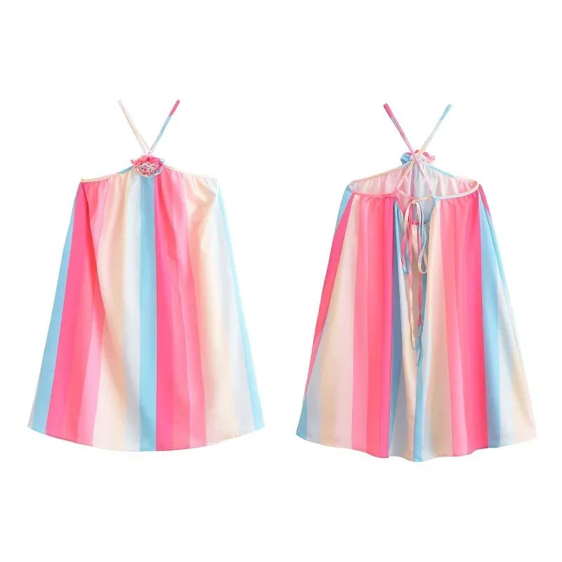 

Цветное полосатое платье-халтер для женщин с 3D-цветком, без рукавов, со шнуровкой на спине, летнее пляжное женское мини-платье L