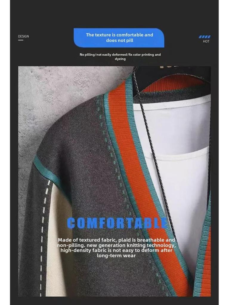 Pánský pletený kardigan s výstřihem do V - Móda jaro/podzim 2024, Svetr s barevnými bloky, Bunda v punkovém stylu