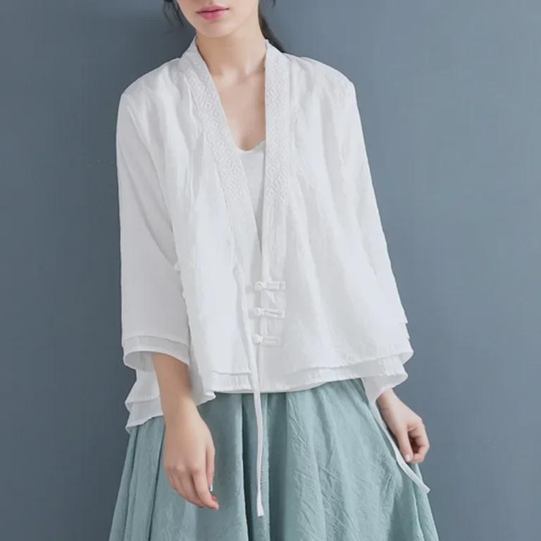 Women's Retro Embroidered Tang Suit Buttoned Shirt - Three-Quarter Sleeve, Solid Color, Chinese Style Cardigan for Spring and Autumn