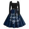 Dámské klasické klasické šaty s dlouhým rukávem 2024 s novoročním potiskem, houpací šaty se čtvercovým výstřihem