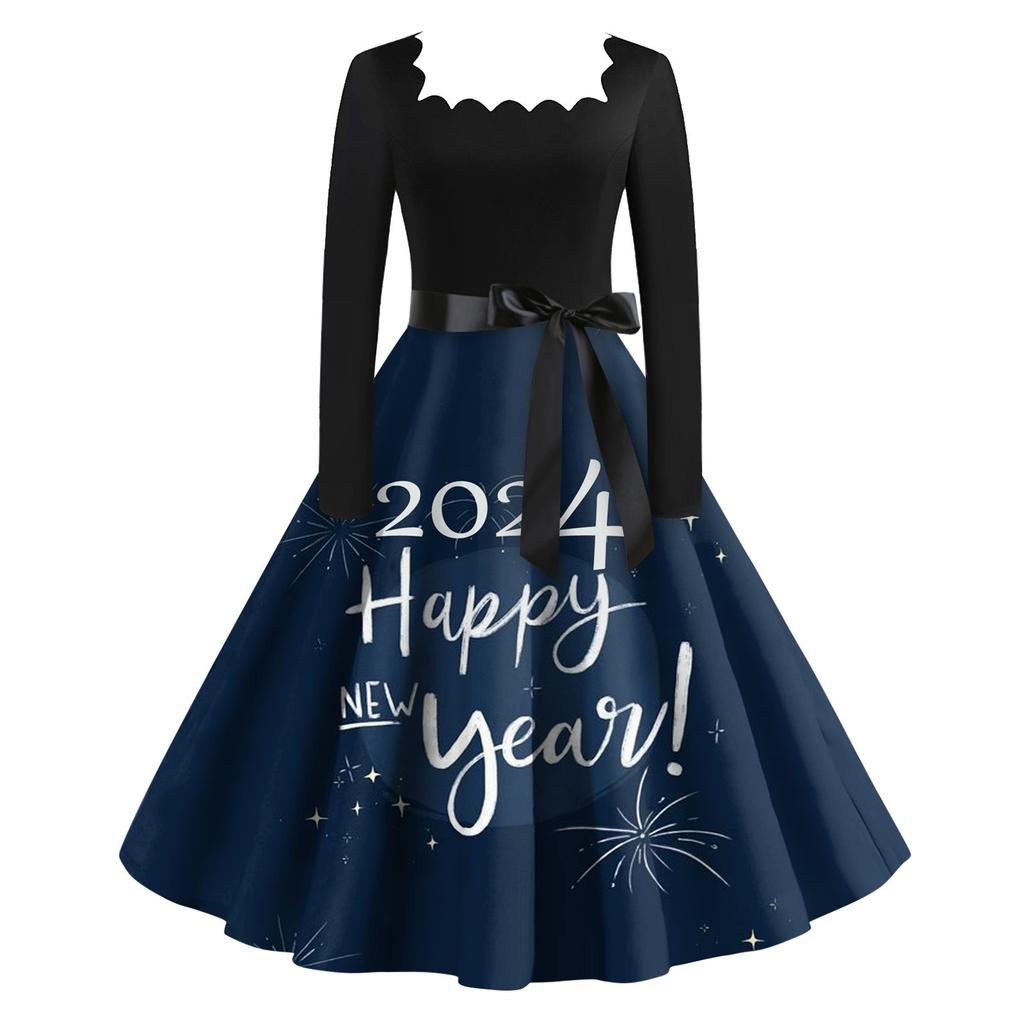 Dámské klasické klasické šaty s dlouhým rukávem 2024 s novoročním potiskem, houpací šaty se čtvercovým výstřihem