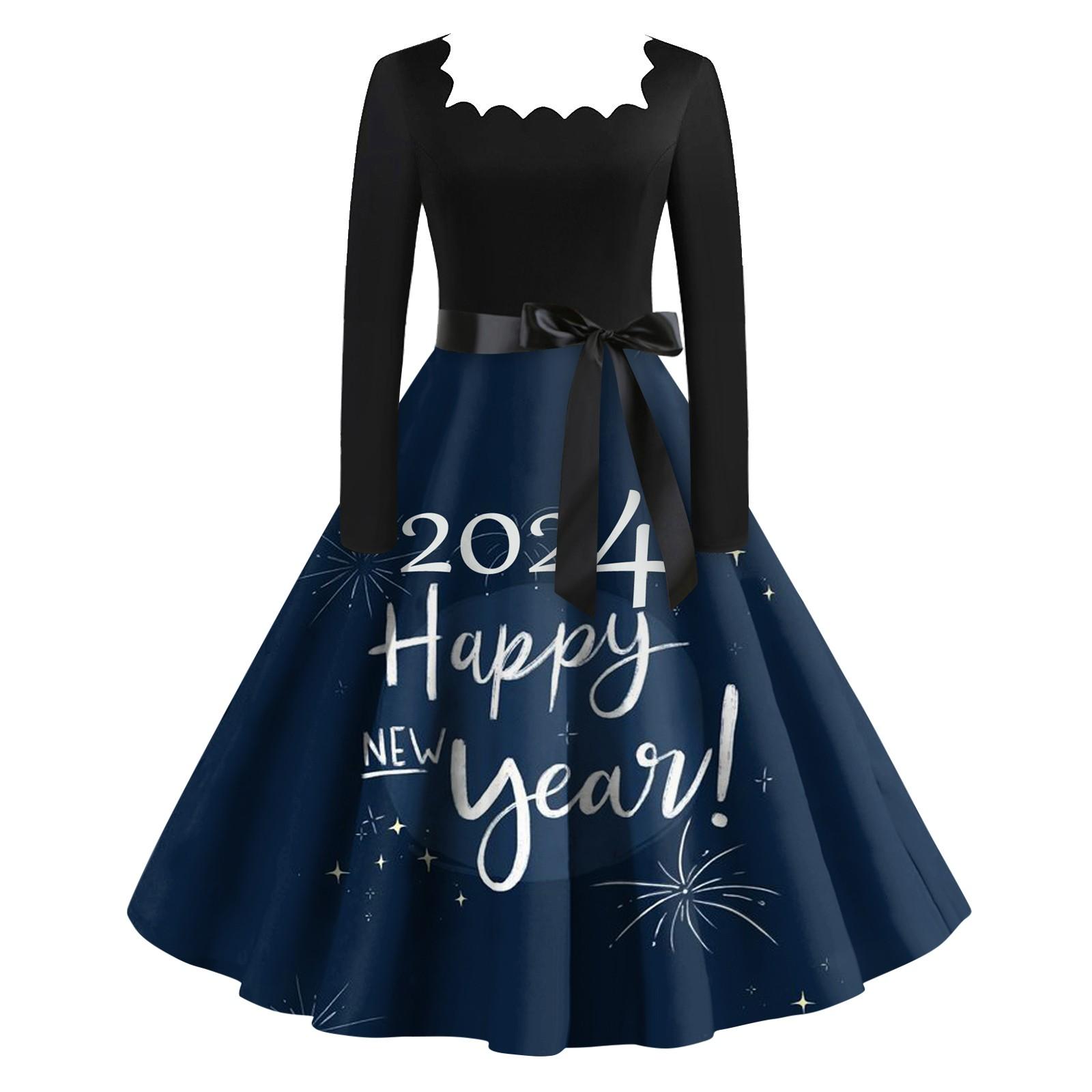 

Жіноча вінтажна класична сукня з довгим рукавом 2024, новорічна плаття з квадратним вирізом і принтом XL