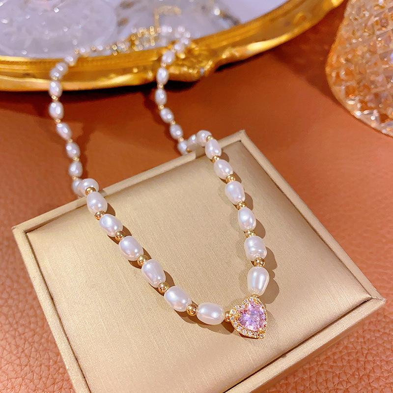 Жемчужно-розовое бриллиантовое циркониевое сердце - уникальный дизайн, популярное онлайн, легкая роскошная ключичная цепочка