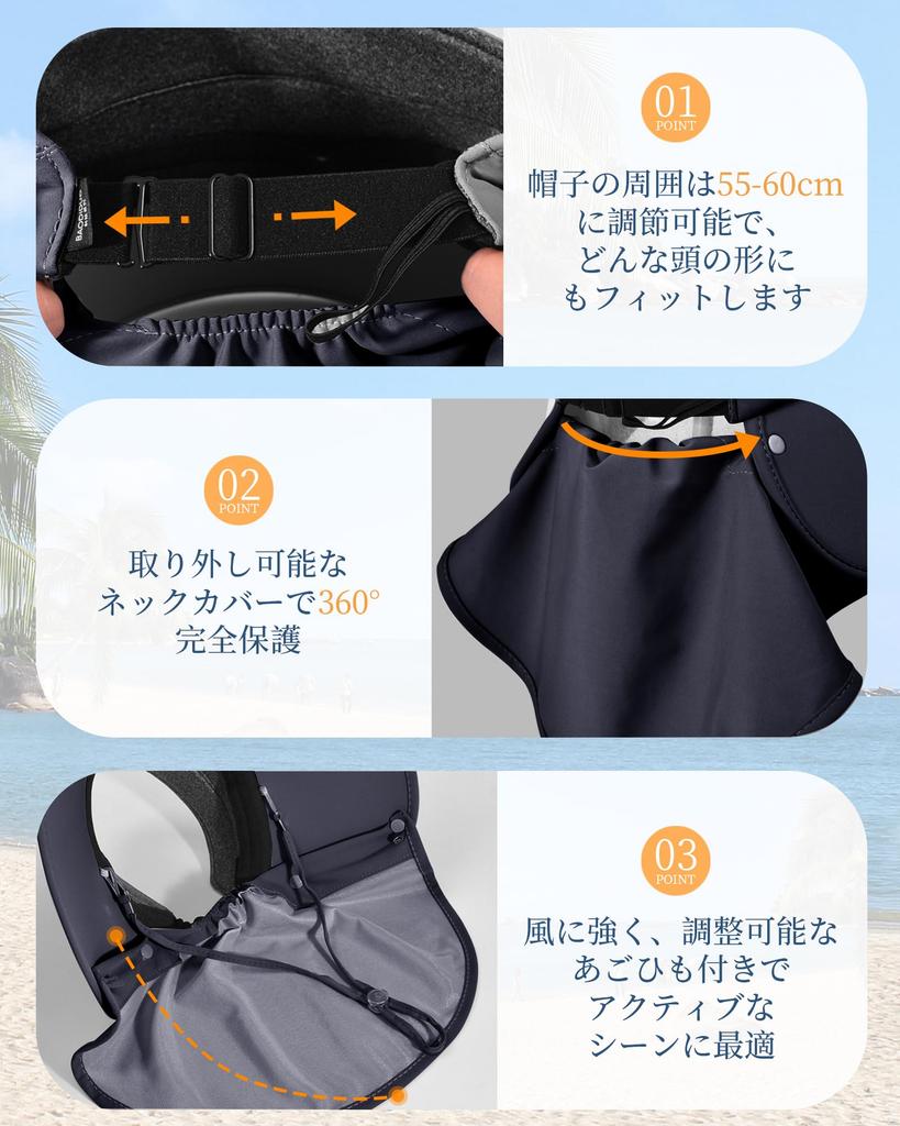 Sun UV Complete Sun Wide UV Adjustable Head Chin Strap and Neck Cover Gray [Anjing] Women's Visor, 100% Protection, Shading, Protection, Brim,
