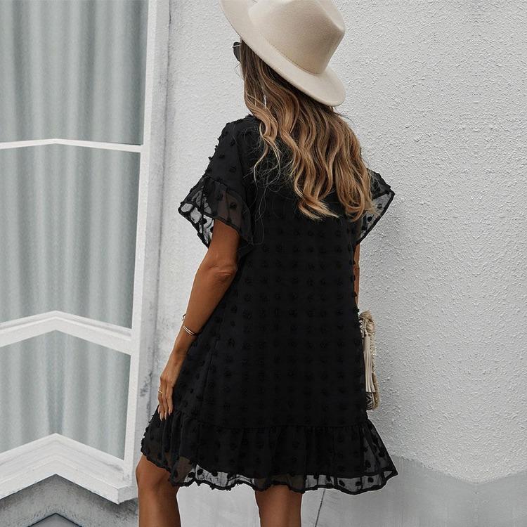 Black V Neck Sexy Short Casual Dress for Women Solid Hairball Summer Spring Holiday Style Laddies