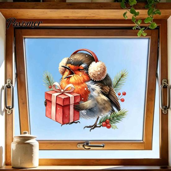 Waterproof PVC Glass Film Christmas Bird Static Window Clings, Decals with Santa Hat And Decorative Stickers for Home Gift Box, Removable Holiday Door