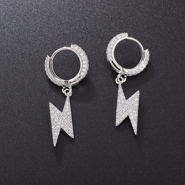 Trend Hip Hop Ice Out Cubic Zirconia Huggie Earrings Lightning Pendant Men Women Silver Color Anti-Allergy Earrings Cool Jewelry