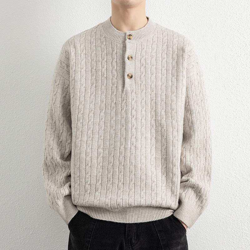 Men s Lazy Style Round Neck Button-Up Knit Sweater - Cloud Gauze Grey/Charcoal/Black 3XL