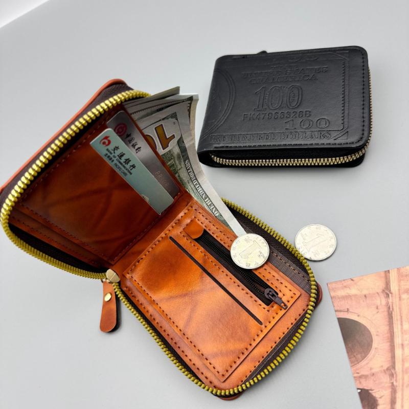 Men’s Short Zipper Wallet PU Leather Dollar Pattern Embossed Bifold Wallet Coin Pocket Card Holder Small Wallet