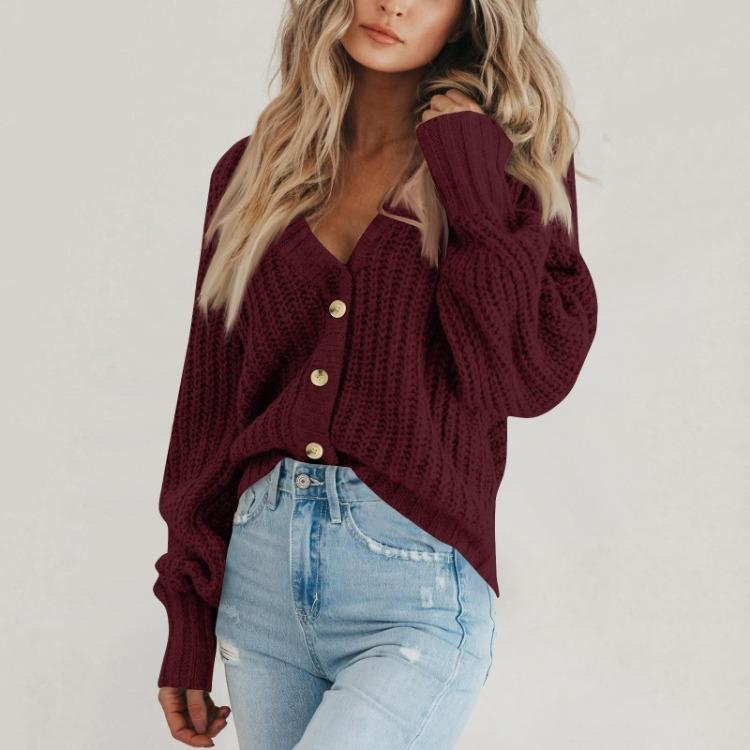 Loose V Neck Button Down Cardigan Women Solid Knitted Long Sleeve