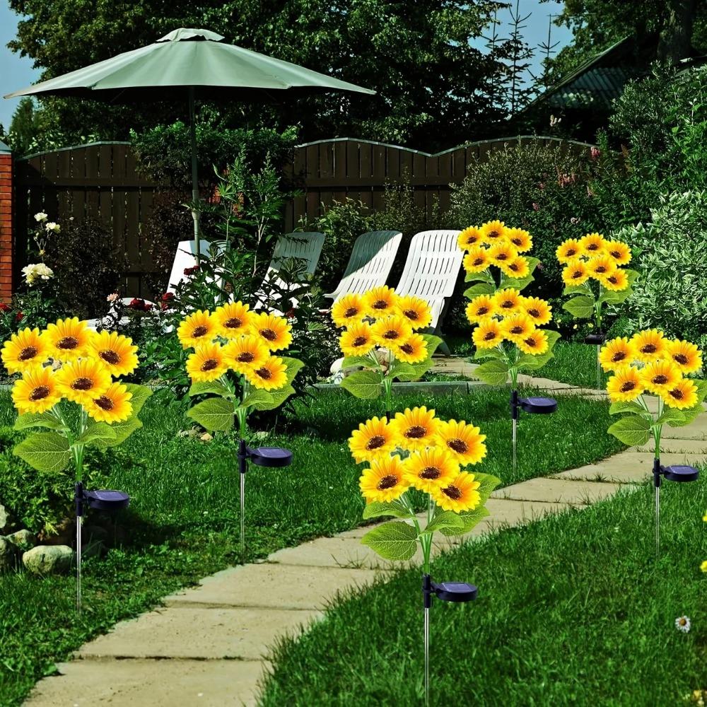 6 Head Solar Simulation Sunflower LED Lights with Luminous Pole for Garden Yard Lawn Patio Pathway Night Landscape Decor Lamp