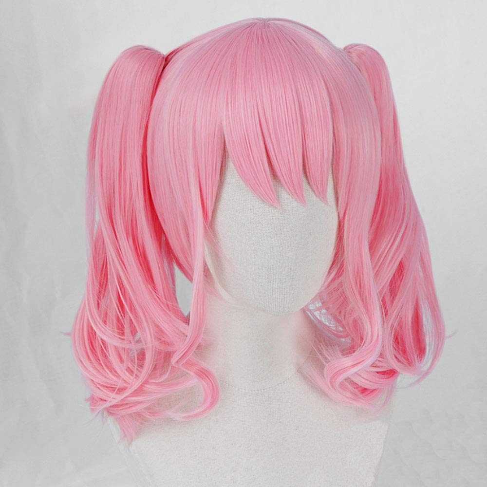 Heat-Resistant Cosplay Wig, "Second Castle," Pink, Short Hair with Twin Tail and Bun, Perfect for Parties and Costumes, + 4 Bonus Items