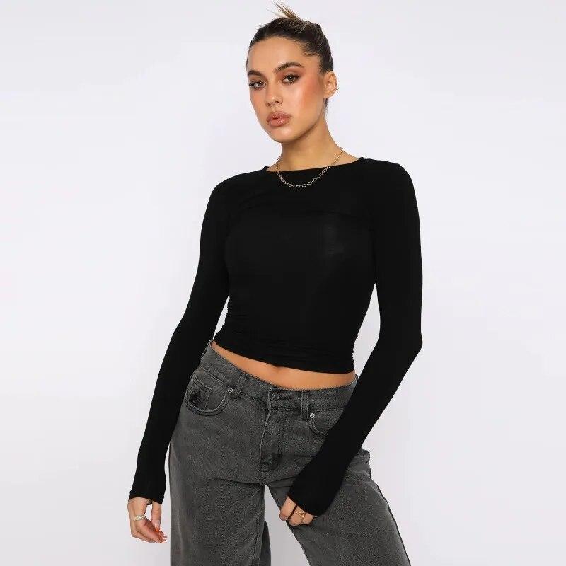 Fashion Y2K Casual Long Sleeve Tshirts Woman Round Neck Elegant Slim Fit T-shirt Women Tops Solid Skinny Office Lady Tees 30634