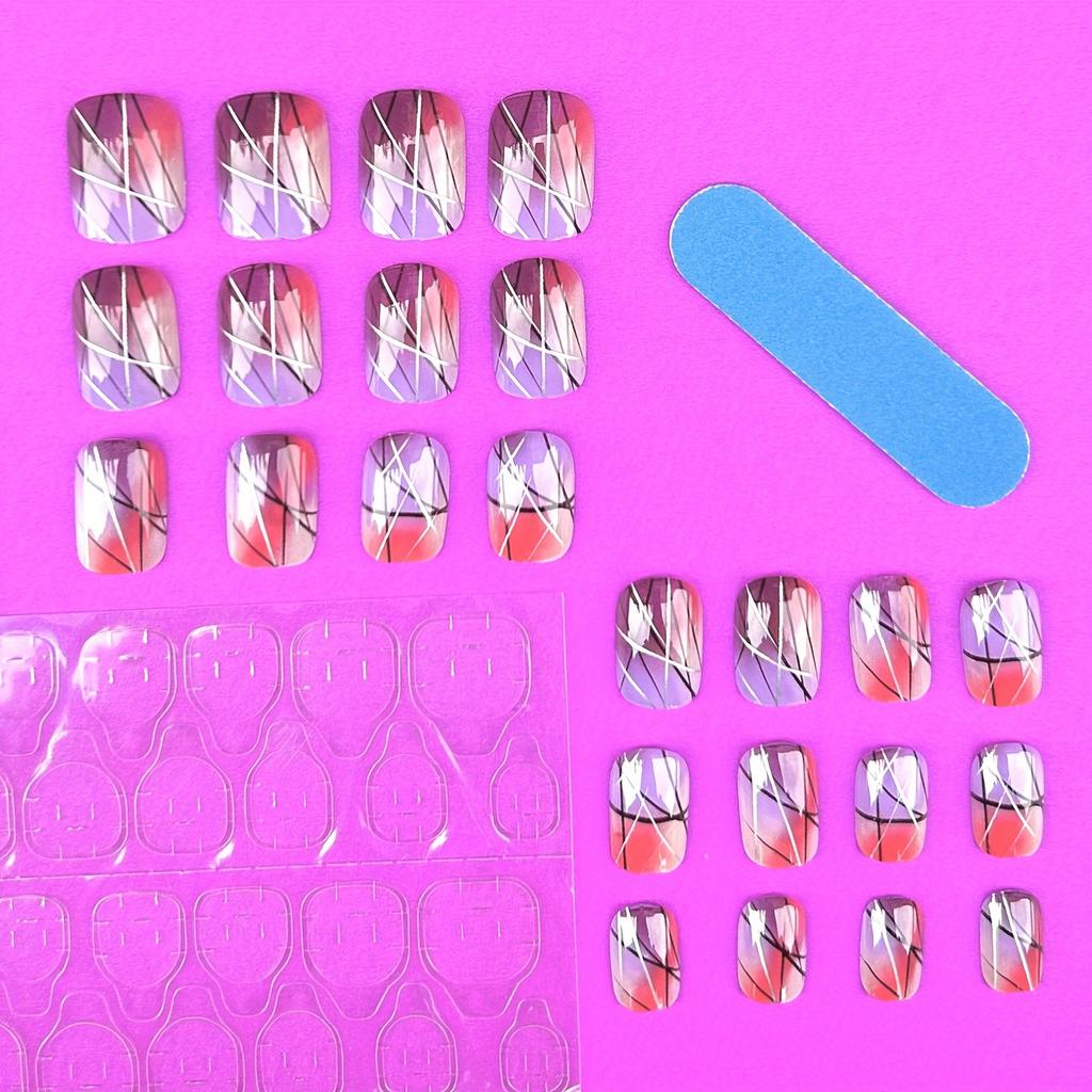 24 Stück kurze, quadratische Aufdrücknägel, künstliche Nägel, vollständige Abdeckung, Streifendesign, künstliche Nägel für Frauen und Mädchen, inklusive Nagelfeile und Gelee-Kleber