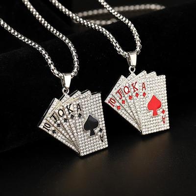 Retro Playing Card Hip-Hop Necklace for Men & Couples - Diamond-Studded Straight Flush Chain