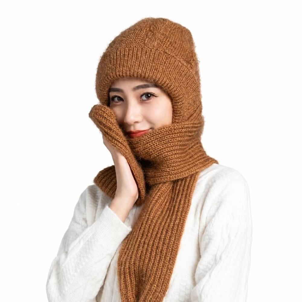 Solid Color Knit Beanie Scarf Soft Stretch Knit Beanie With Scarf  Street Style