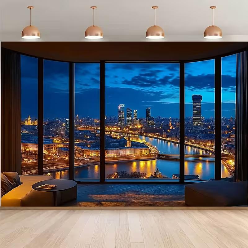 2D Modern Room Backdrop, Night City Skyline Window Scene Party & Live Background