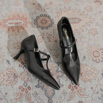 Retro Niche Pointed High Heels Women's Thin Heels 2025 Spring and Summer New One-word T-shaped Commuting Shoes with Shallow Mouth