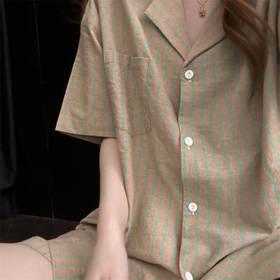 Pajamas Women's Summer Cloud Cotton Color Matching Stripes Simple Girl Casual Short-sleeved Shorts Can Be Worn Outside Loungewear Suit