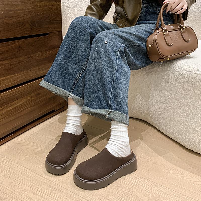 Fashion 2025 New Women's Platform Heel Fashion Casual Shoes Closed Toe Slip On Suede Wear Resistant Chunky Increase Height Slippers