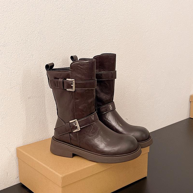 

Винтажные рыцарские ботинки женские 2025 плиссированные ботинки с напуском европейские и американские толстый каблук круглый носок двойная пряжка на ремне ботинки-локомотивы 40 коричневый