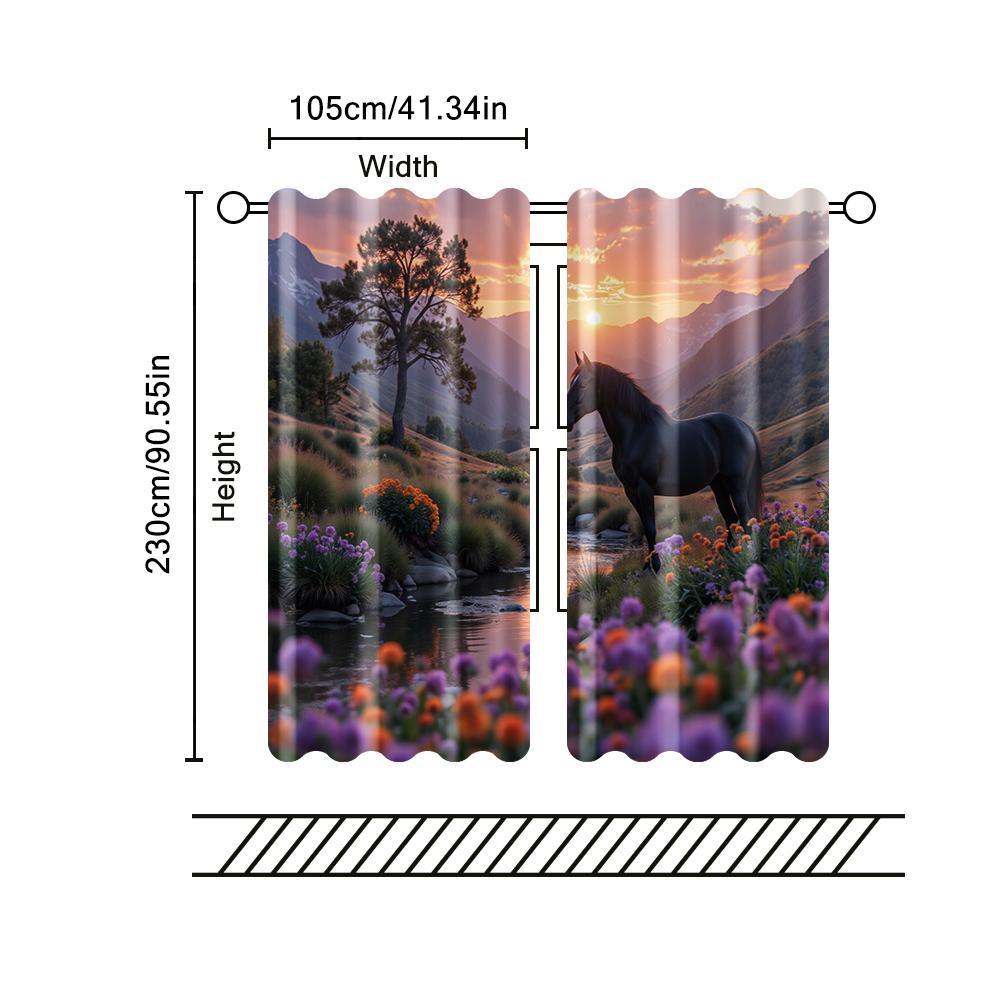 2 pcs   filtering curtains (excluding rods   non-movable   without batteries) Vintage River Valley Horse Dusk for use in bedrooms