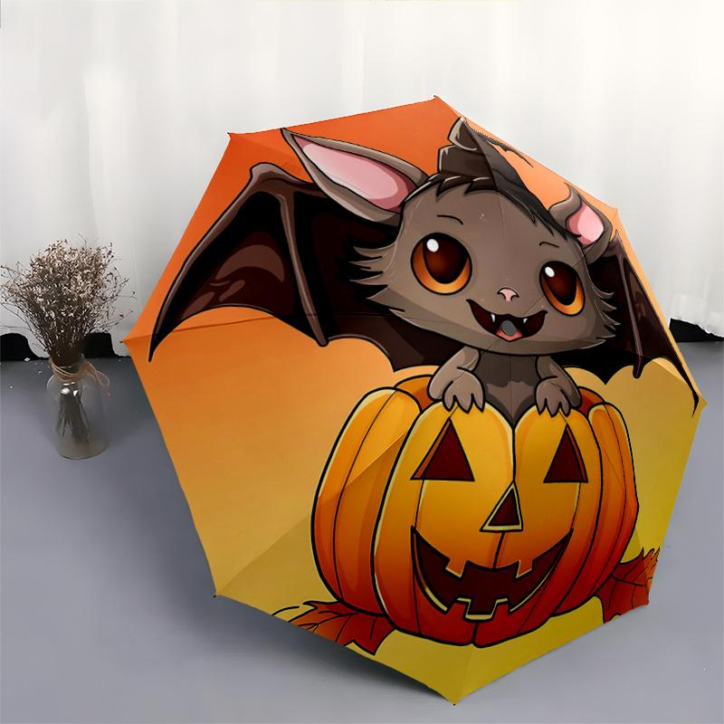 1pc Lovely Wizard Bat and Halloween Pumpkin Cartoon Design Automatic Folding Umbrella - 3 Folding Design, Vivid Cartoon Pattern, Suitable for Out