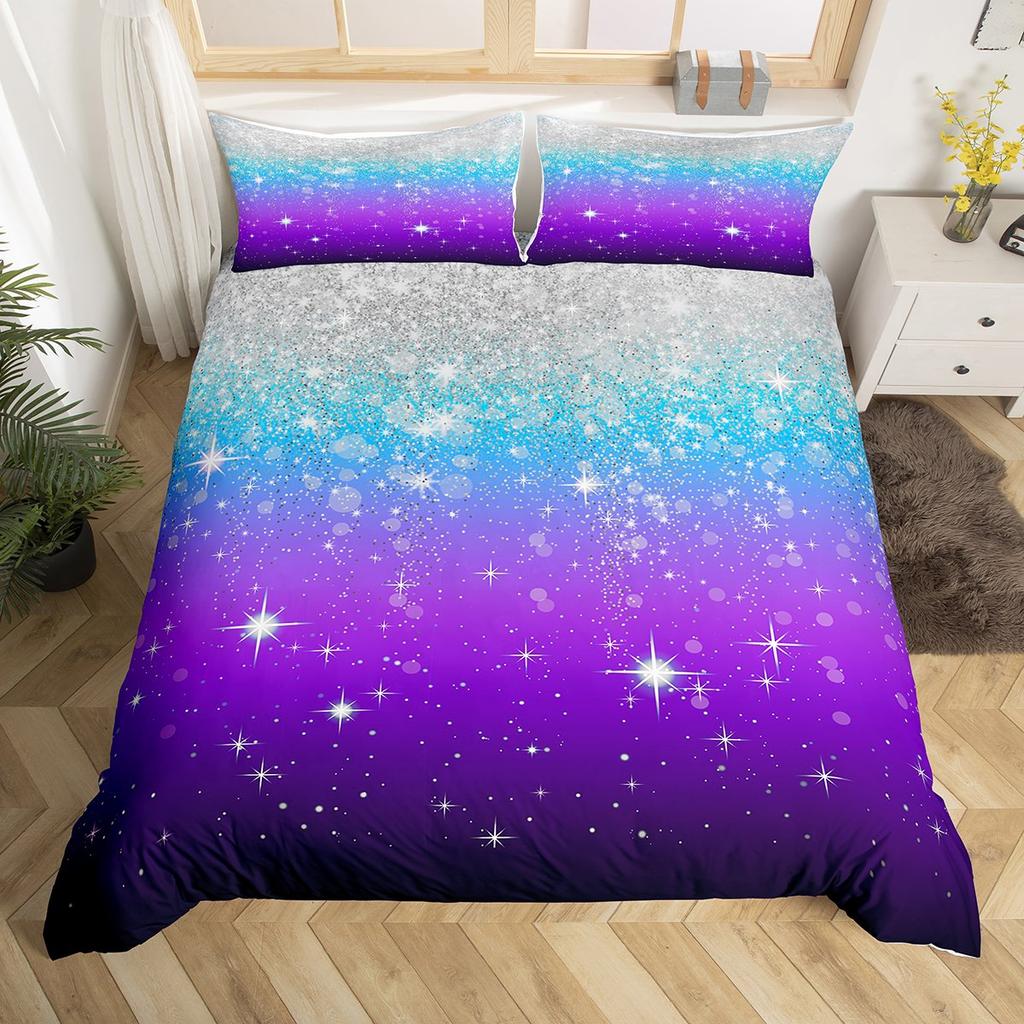 Homewish Glitter Sequin Print Duvet Cover Set For FemaleCartoon Dreamy Stars Print Bedding SetModern Fashion Bed Set