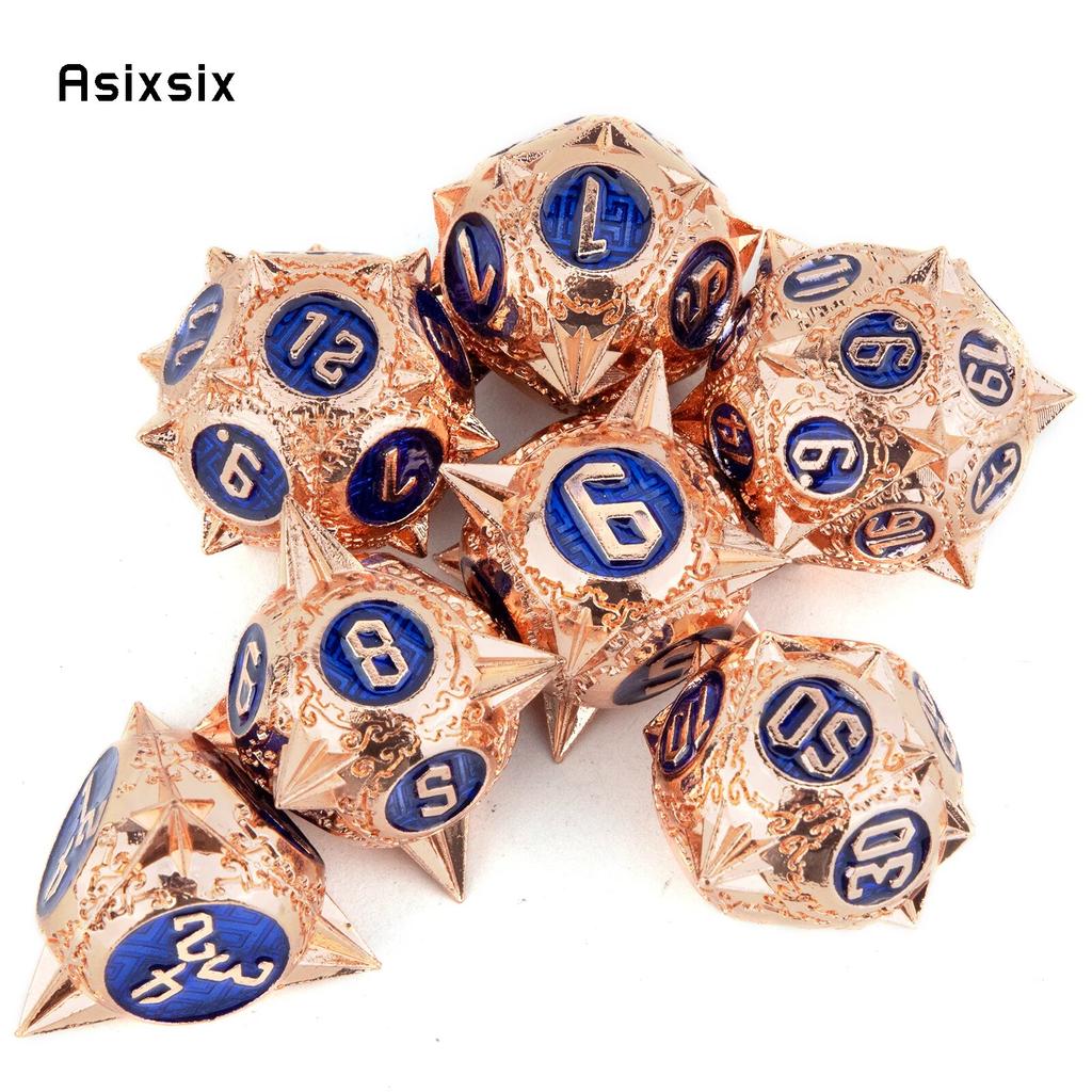 7 Pcs Copper Blue Meteor Hammer Metal Dice Solid Metal Polyhedral Dice Set Suitable for Role-Playing RPG  Board Game Card Game