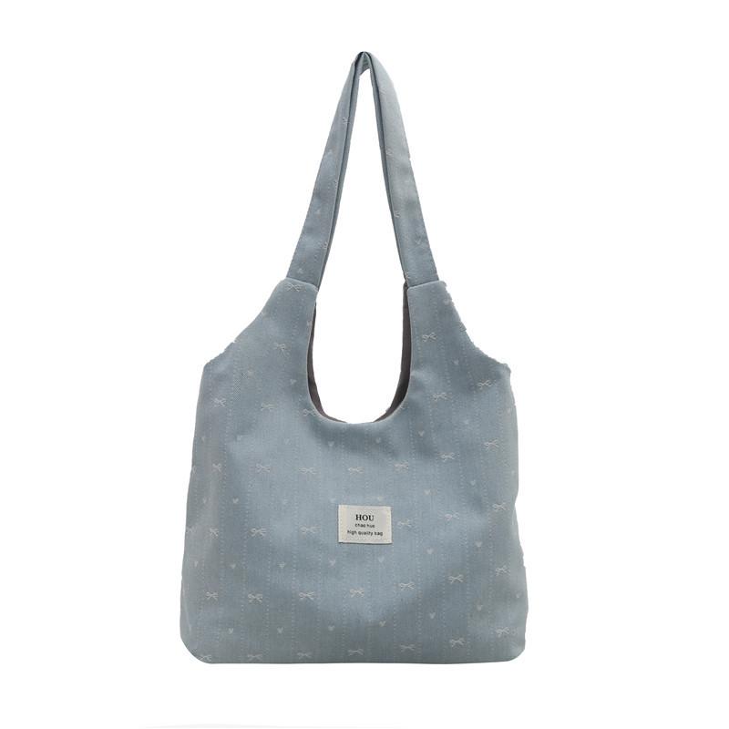 2025 Spring and Summer New Bow Denim Canvas Bag Korean Simple and Versatile Shoulder Bag Large-capacity Tote Bag