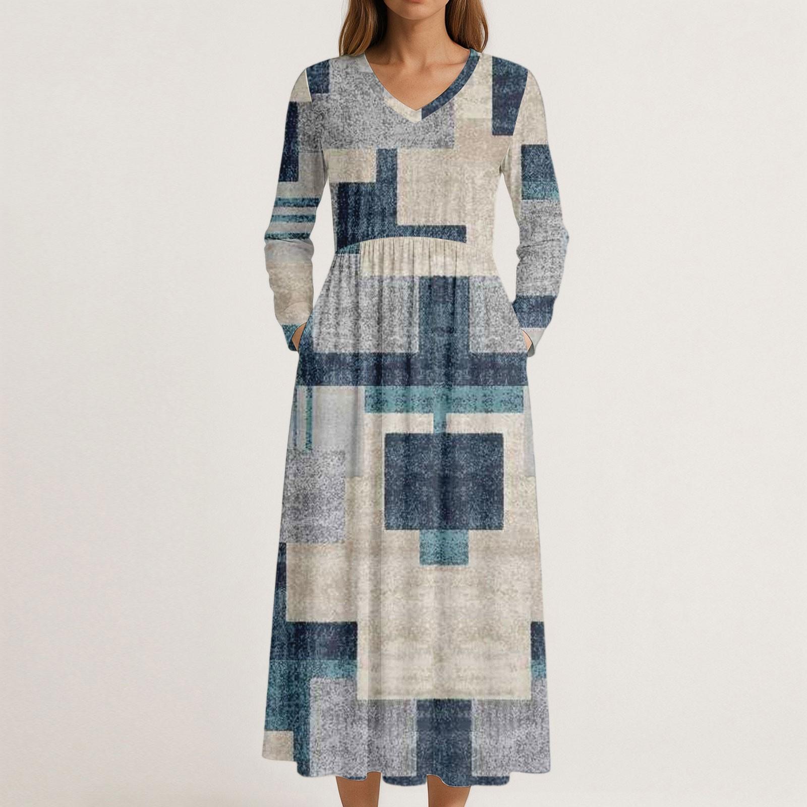 

Платье для женщин длинное бохо пляжное платье элегантное макси-платье V-образный вырез длинный рукав платье с карманами L бежевый