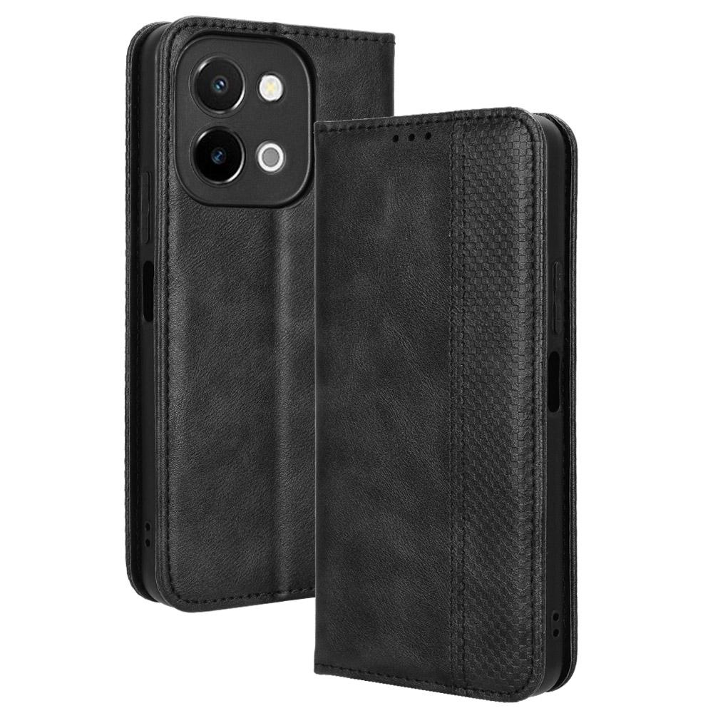 

For vivo Y28 4G Case PU Leather Retro Magnetic Closing Drop-proof Phone Cover Black