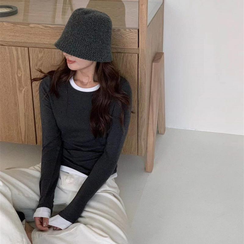 Ladies Autumn Winter Long Sleeve Fake Two Piece Basic Solid Color Pullover Knitted T Shirt Top