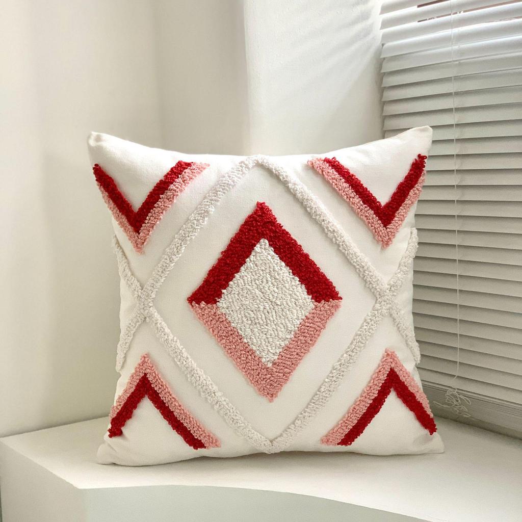 Bohemian Tassel Loop Pile Embroidered Throw Pillow for Sofa and Living Room