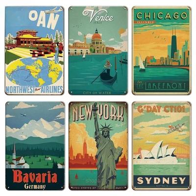 Vintage Travel Cities Metal Tin Signs PARIS IMALIBU CHICAGO Iron Painting Retro Posters Home Wall Art Decor Room Decoration