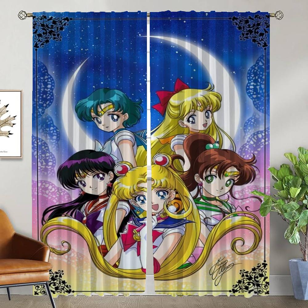 Sailor-Moons Tüll für Schlafzimmer Verdunkelungsvorhänge 2 Stück Moderne Wohnzimmer Vorhänge Jalousien Fenster Vorhang Halloween Dekoration