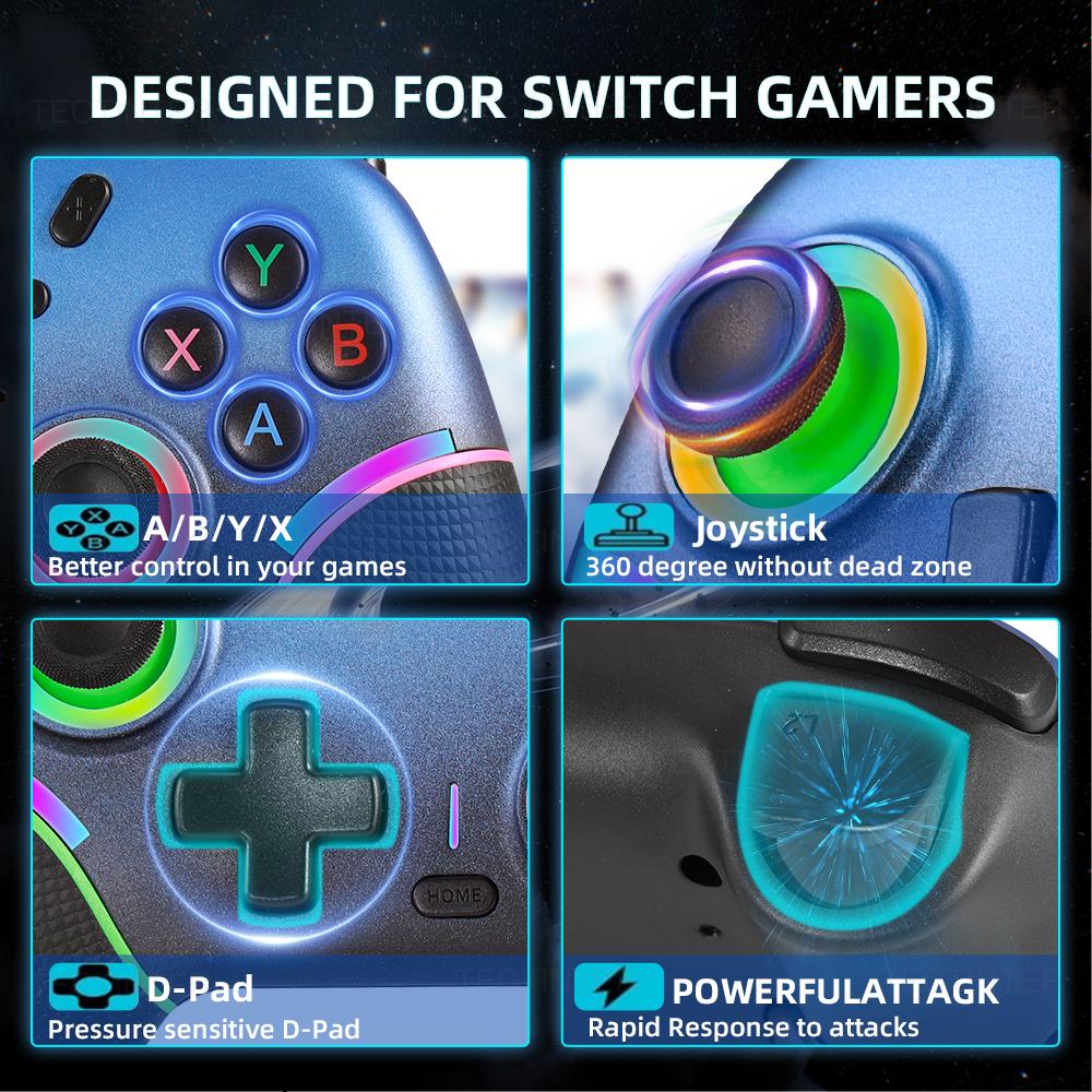 RGB Wireless BT Controller for Nintendo Switch 1/2/OLED Gamepad for Android Phone/PC Hall Effect Joystick with Turbo Function