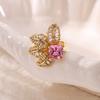 Pink Zircon Flower Rings For Women Gold Color Metal  Opening Couple Ring Aesthetic Wedding Christmas Jewelry
