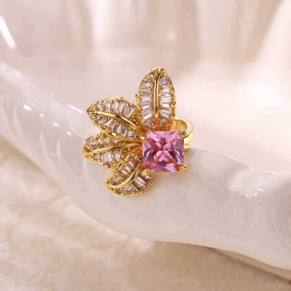 Pink Zircon Flower Rings For Women Gold Color Metal Opening Couple Ring Aesthetic Wedding Christmas Jewelry