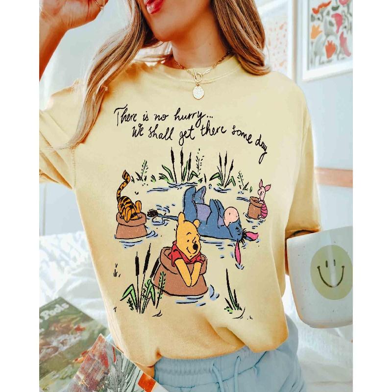 202526 Summer Winnie the Pooh Tshirt Y2k Tigger Hat Printed 100 Cotton Printed Tshirt Unisexs Loose Tshirt