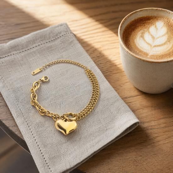 Women Bracelet, Adjustable Extended Tail Chain Bracelet, Double-Layered Cuban Bracelet with Heart Charm for Jewelry Gift