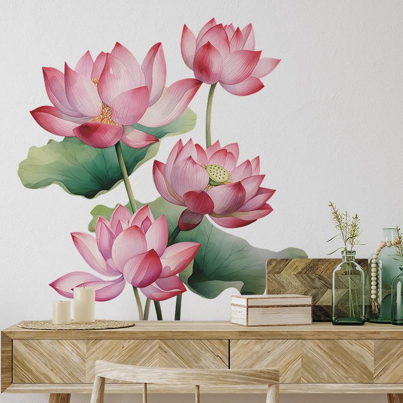 Chinese Style Lotus Leaf Flower Wall Sticker for Bedroom Living Room Entrance Home Decoration Self-Adhesive