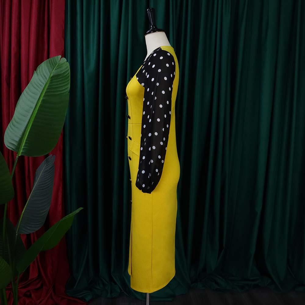 Large Size Women Spring Autumn Fashion Patchwork Polka Dot Dress Ladies One Piece Elegant Round Collar Sheath Dress