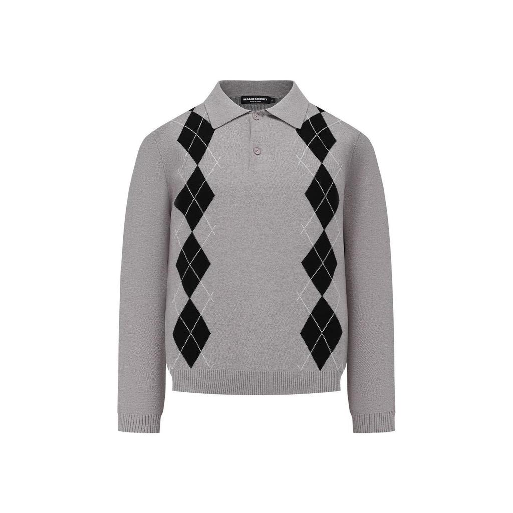 Men's British Argyle Long-Sleeve Polo Sweater - Versatile Collegiate Style for Spring and Autumn